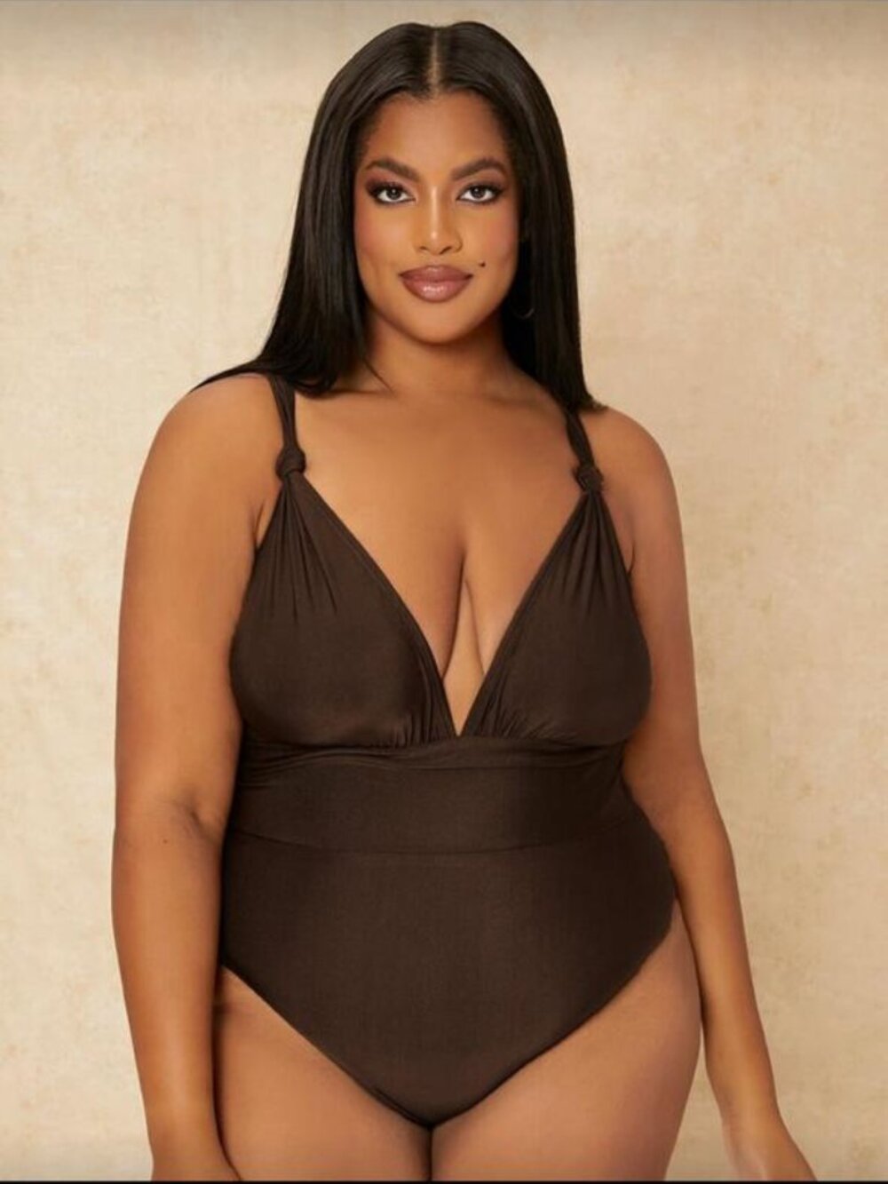 Women's One-Piece Bodysuit with Tummy Control — Sexy, V-Neck, Push-Up BROWN